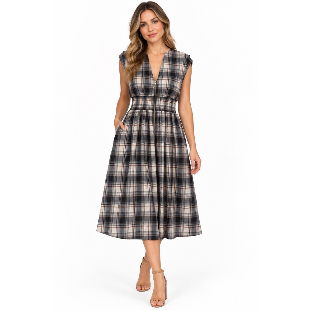 Entro Plaid Midi Dress M Smocked Waist Zip Front Cottagecore Fall Prairie